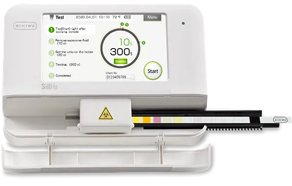 SillHa Saliva Oral Wellness System device. Discover the SillHa Oral Wellness System on our Overview page. Learn how this cutting-edge saliva diagnostic technology supports comprehensive oral health assessment, early detection, and personalized wellness strategies for optimal care. ARKRAY USA, Inc.