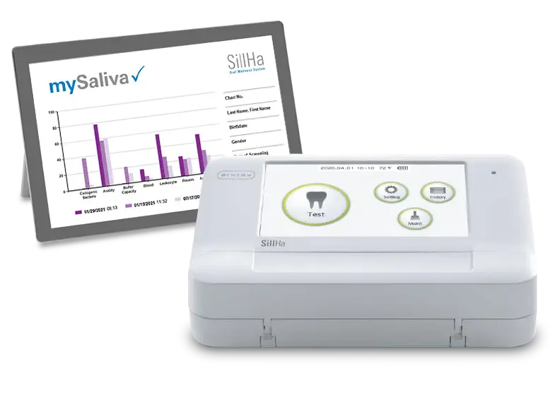 A sleek, modern diagnostic device on a clean, white background, representing the SillHa Oral Wellness System. The image highlights the compact design, cutting-edge technology, and its application for advanced saliva-based health analysis. ARKRAY USA, Inc.
